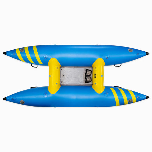 Top view of the Badfish Hammer Cat inflatable boat, made with DuraClear fabric, showcasing blue and yellow tones, two seats, and stripes at both ends.