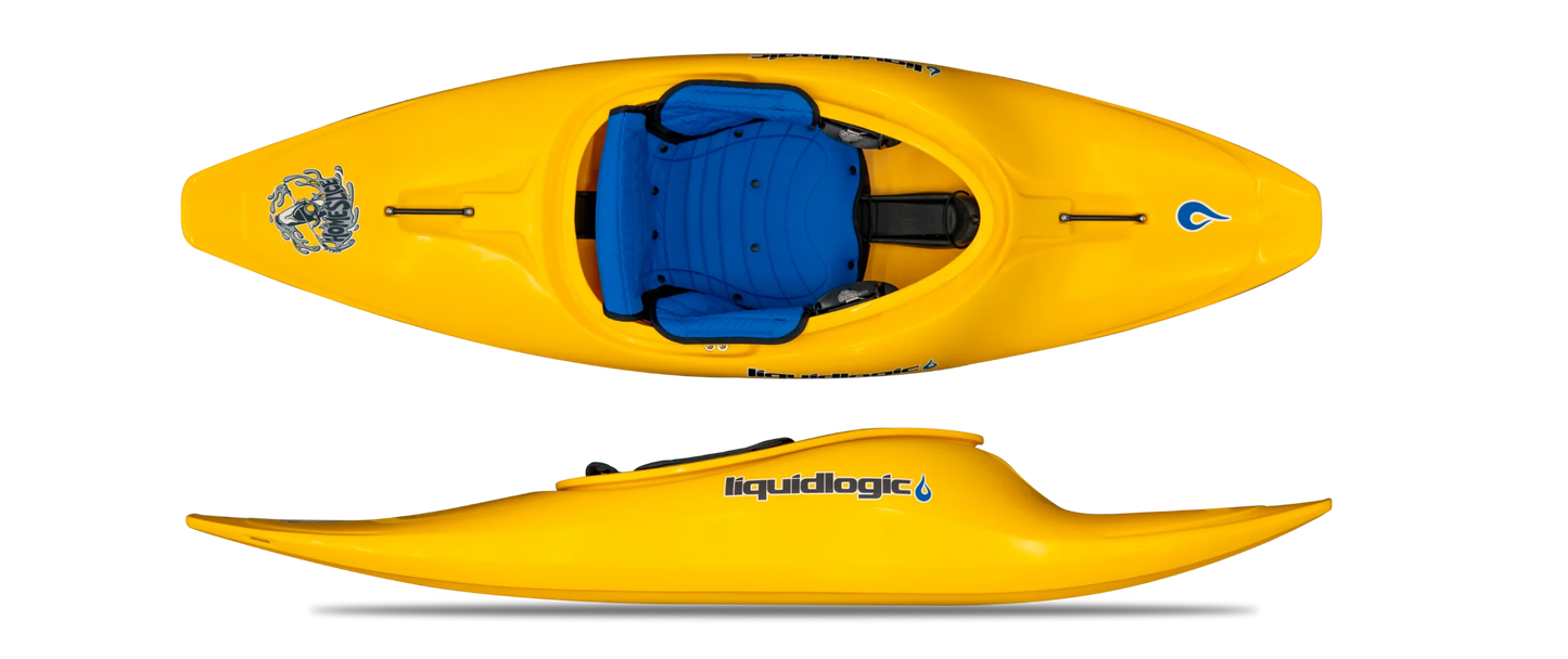 Featuring the Homeslice freestyle kayak, play boat manufactured by LiquidLogic shown here from one angle.