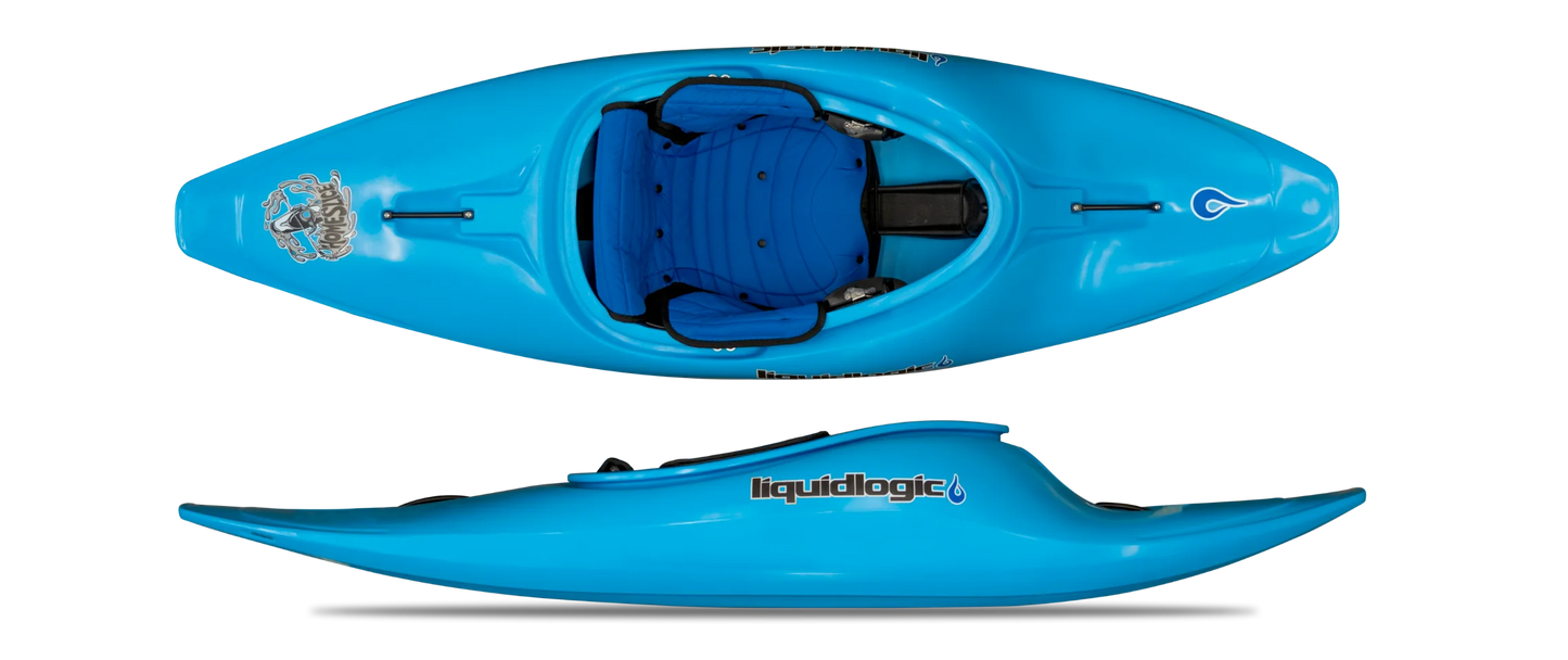 Featuring the Homeslice freestyle kayak, play boat manufactured by LiquidLogic shown here from a second angle.