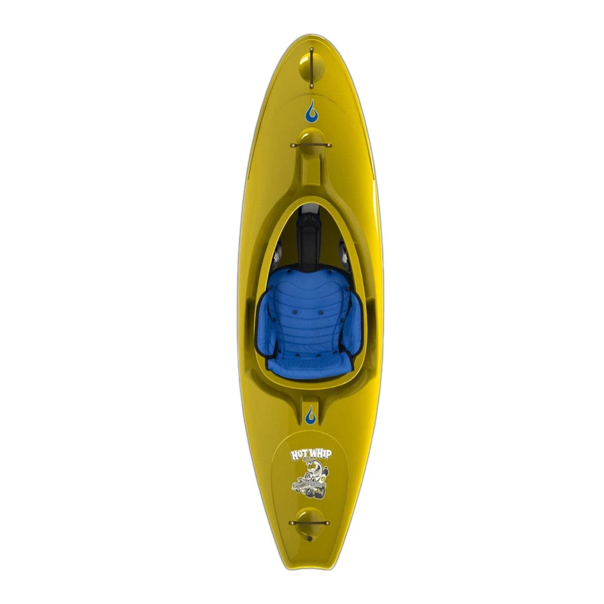 A yellow LiquidLogic Hot Whip kayak with a blue seat on a white background.