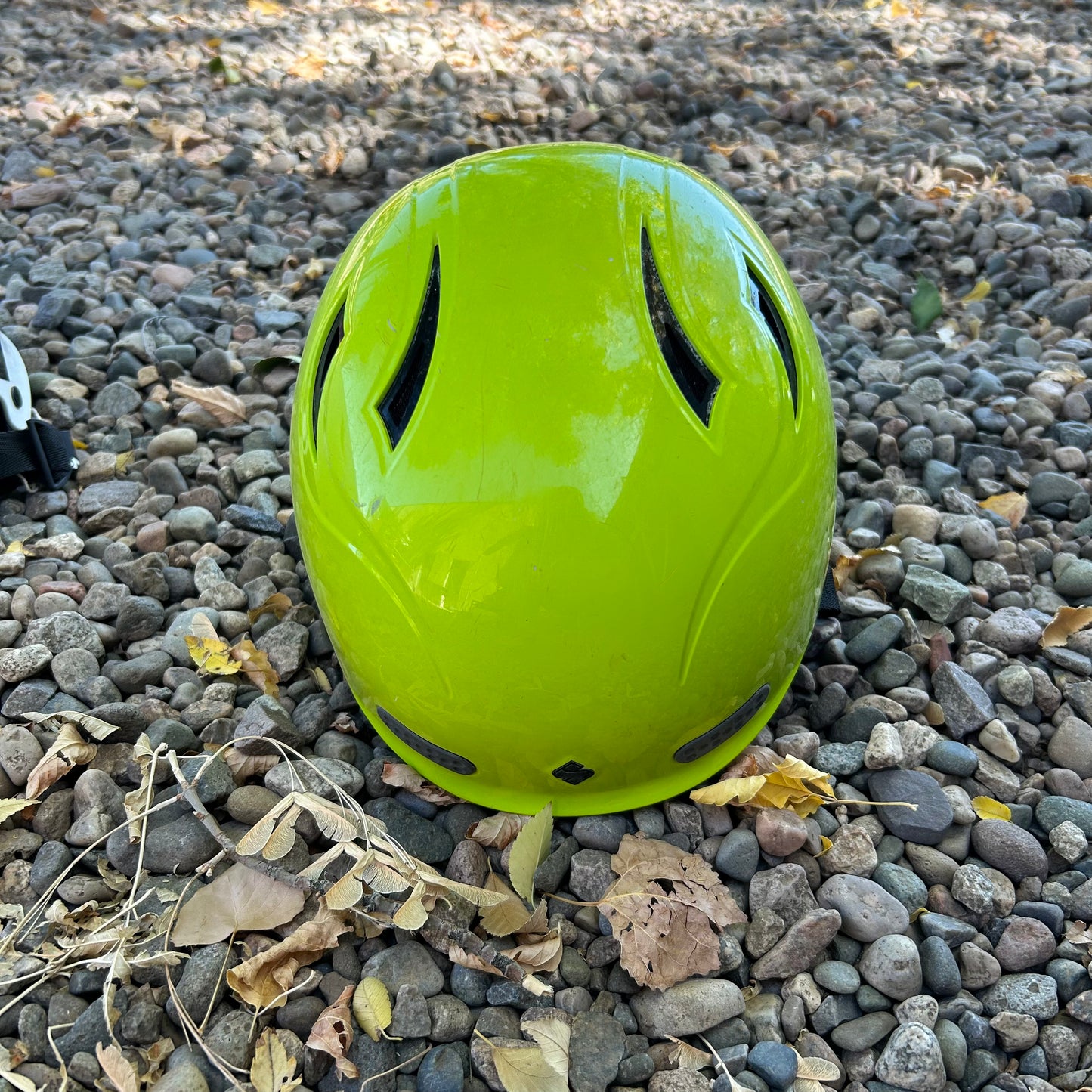 The Demo Wanderer helmet by Sweet Protection, made from carbon fiber reinforced polymer, is placed on a surface of small rocks and dried leaves.