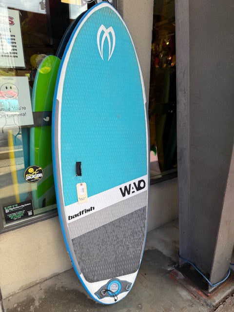 A Badfish Demo WAVO blue and gray inflatable river surfboard stands upright against a wall outside a store.