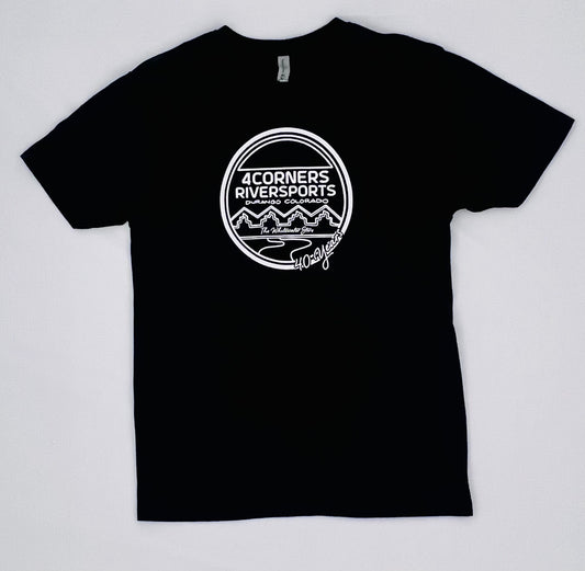A black 40 Years T-Shirt with a white 4CRS logo on it.