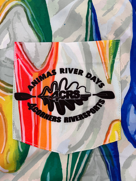 The pocket of a 4CRS Party Shirt with a colorful design on it.