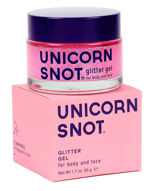 A jar of Unicorn Snot by 4Corners Riversports in holographic pink rests on its pink box, labeled for body and face use, ready to add sparkling flair to your style.