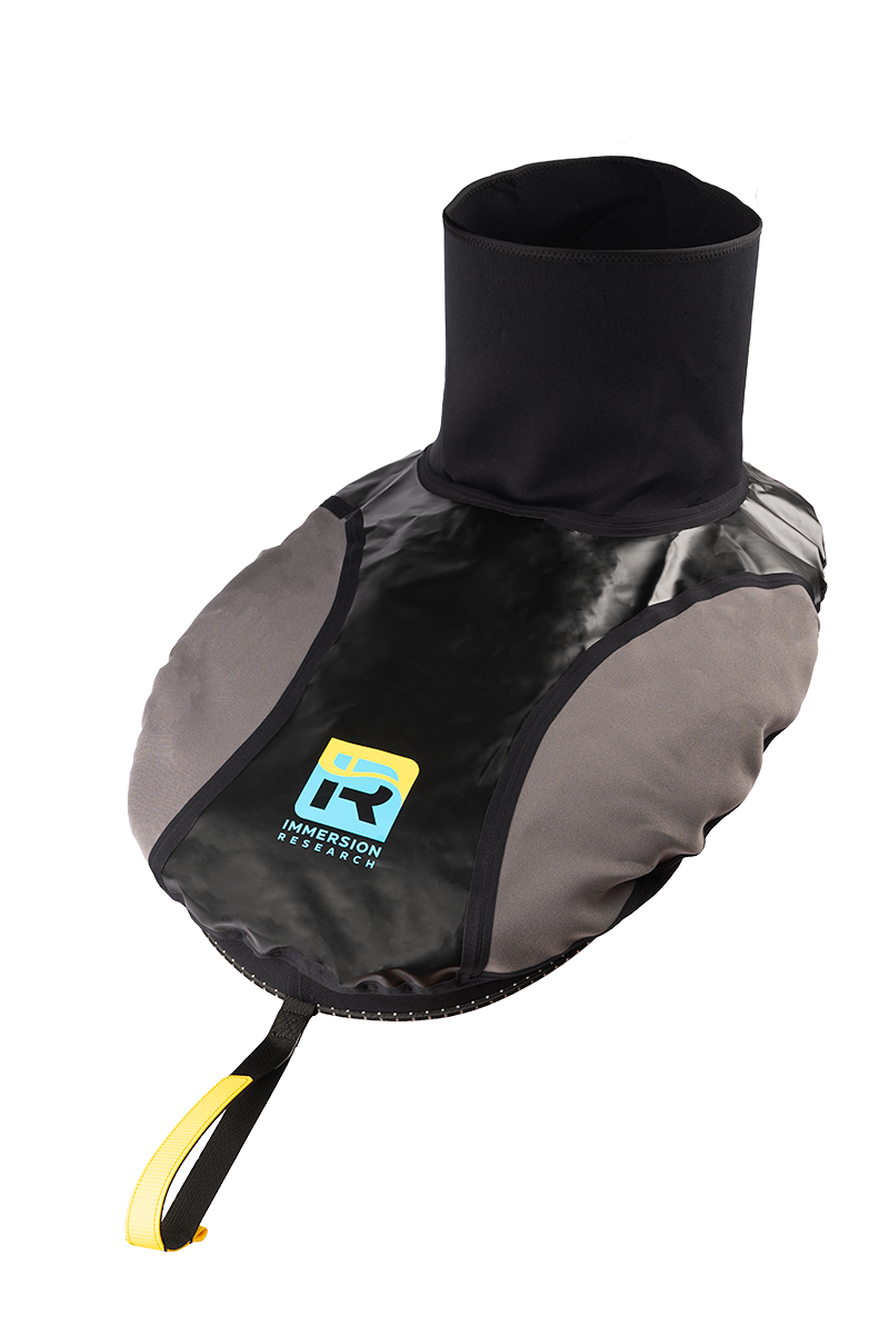 The Immersion Research Sixmile Packraft Sprayskirt is a black and gray neoprene spray skirt with a tube, pull strap, and logo—perfect for whitewater or your next Alpacka Raft adventure.