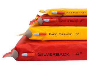 Jacks Plastic Welding's Silverback Paco Pad, made of durable waterproof PVC, comes in red and yellow. Thickness options are 3/4" & Full at 1.5", Super & Guide at 2", Paco Grande at 3", and Silverback at 4", all featuring high-density foam for superior comfort.