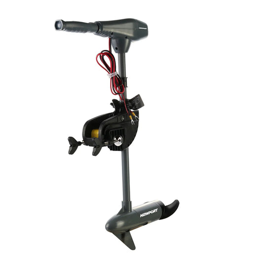 The Newport Kayak Series Trolling Motor features a handle, battery cables, and propeller for small boats. Brand name "Newport" is visible on the lower section. Available in 36lb or 55lb thrust options.