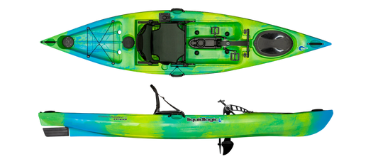 Top and side views of the LiquidLogic Manta Ray Propel 12, a green and blue pedal kayak featuring Propel Drive System, adjustable seat, rear storage, and mounted accessories—perfect for fishing enthusiasts.