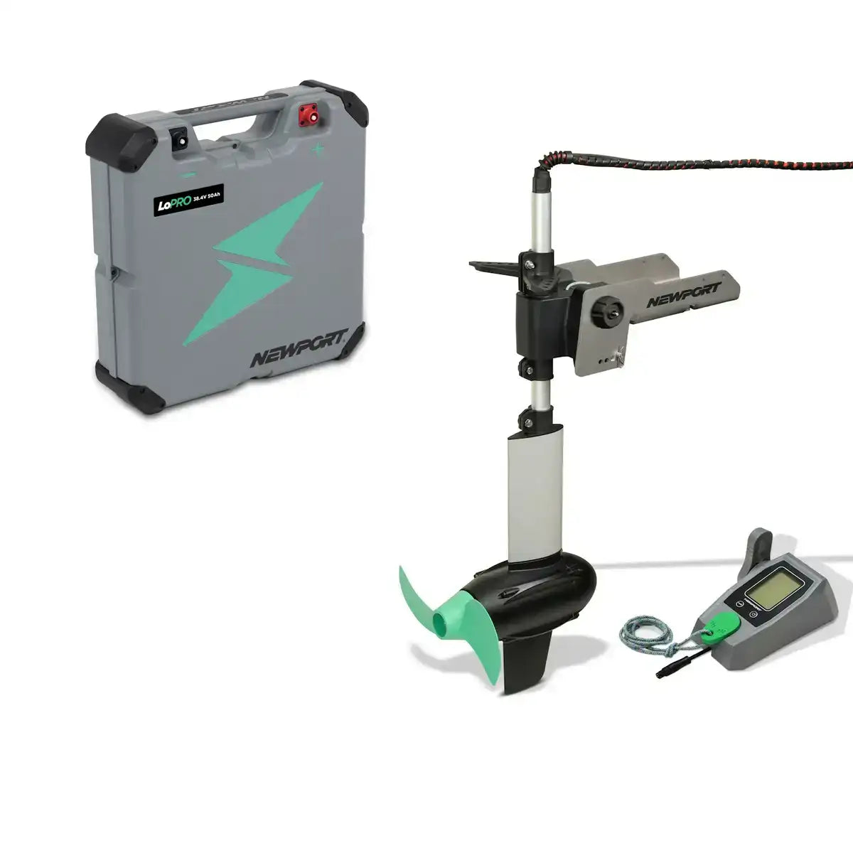 The NK300 Motor + 36V50 LoPRO Battery Bundle includes a control unit, propeller, handle, cables, and a gray carrying case marked with "Newport" in green.