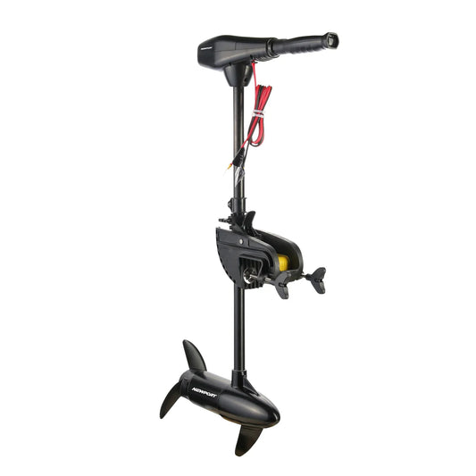 The Newport NV Series Electric Trolling Motor offers 62 lbs thrust, complete with a handle, mount, and propeller. It features red and black power cords near the handle, ideal for both saltwater and freshwater use.