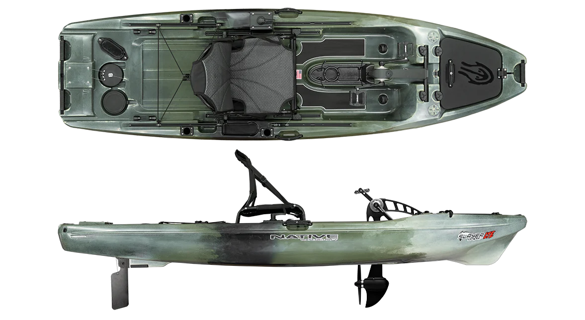 Top and side views of the Native Watercraft Slayer Propel 10 LTE, a green pedal-driven kayak featuring a mounted seat, storage compartments, lightweight design, and an efficient rudder system.