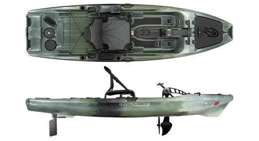 Top and side views of the Native Watercraft Slayer Propel 10 LTE, a green pedal-driven kayak featuring a mounted seat, storage compartments, lightweight design, and an efficient rudder system.