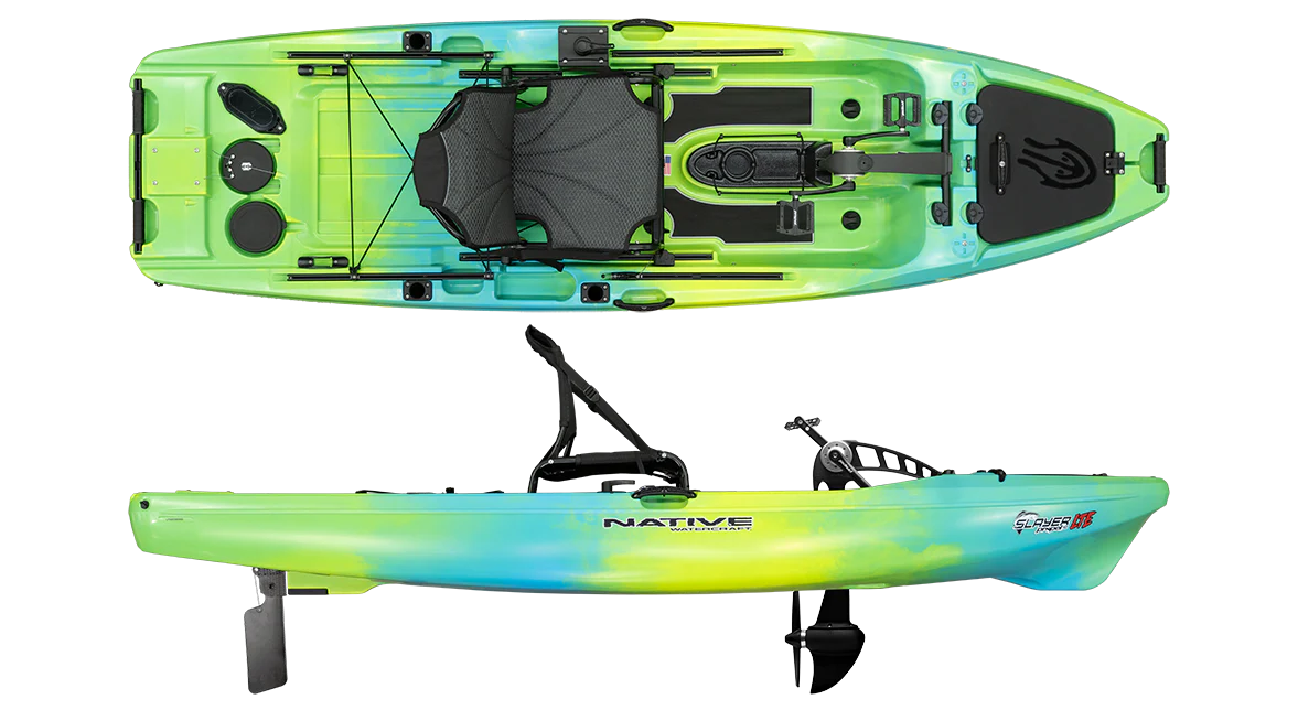 Top and side views of the lightweight Native Watercraft Slayer Propel 10 LTE pedal-driven fishing kayak in green and blue, featuring a raised seat, pedal drive system, storage compartments, and accessory mounts.