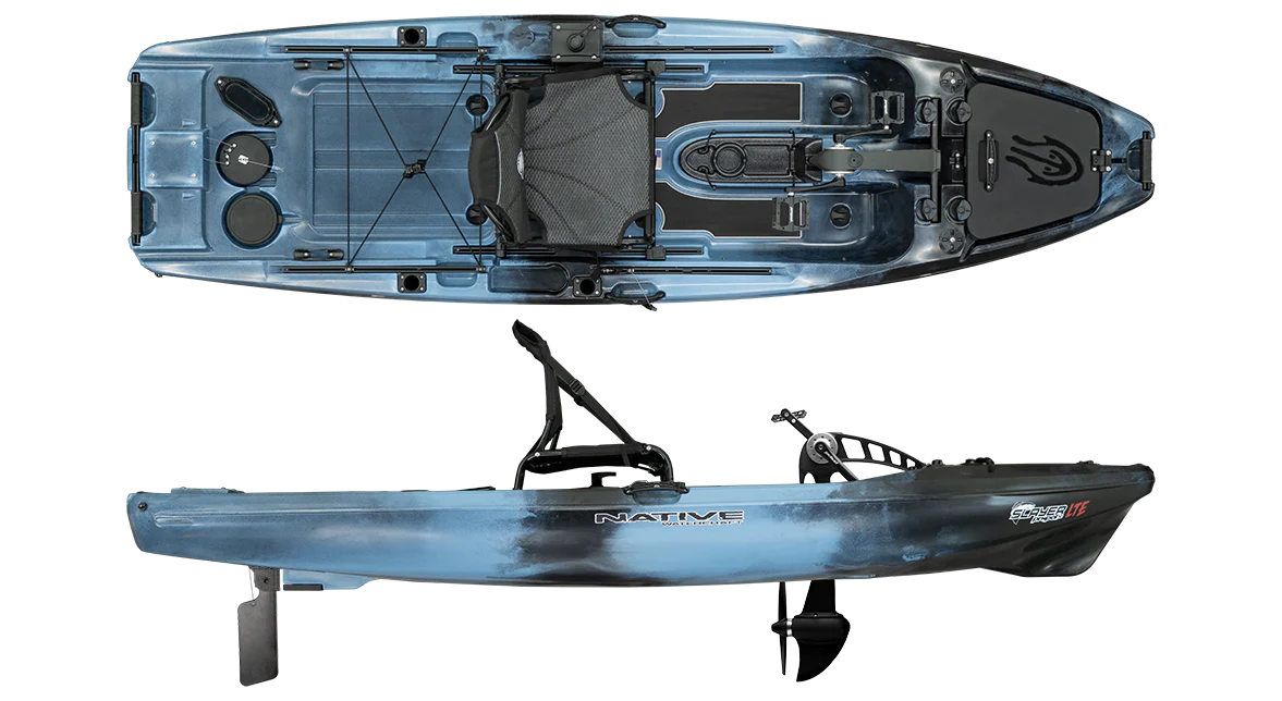 Top and side views of the blue Slayer Propel 10 LTE by Native Watercraft, a lightweight, pedal-driven fishing kayak with raised seat, storage compartments, pedal drive system, and Native Watercraft branding on the side.