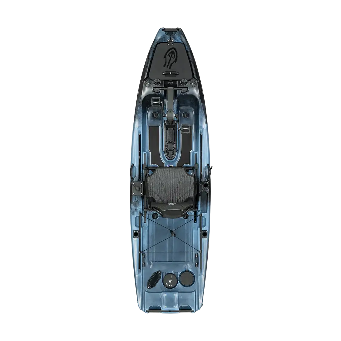 Top view of the lightweight Native Watercraft Slayer Propel 10 LTE, a blue sit-on-top pedal fishing kayak featuring a padded seat, storage areas, and footrests.