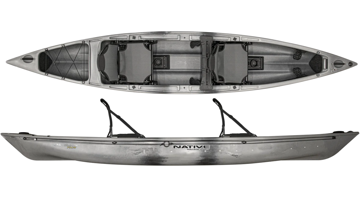 Top and side view of the Native Watercraft Ultimate FX 15 Tandem, a gray hybrid canoe kayak with two seats, footrests, built-in storage, and "Native" branding—perfect for kayak fishing.