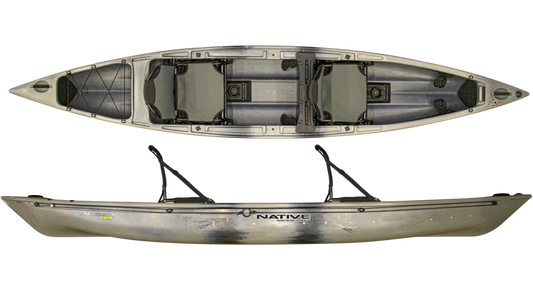 Top and side views of the Native Watercraft Ultimate FX 15 Tandem hybrid canoe-kayak, featuring two seats, footrests, and storage—ideal for kayak fishing. Brand: Native Watercraft.