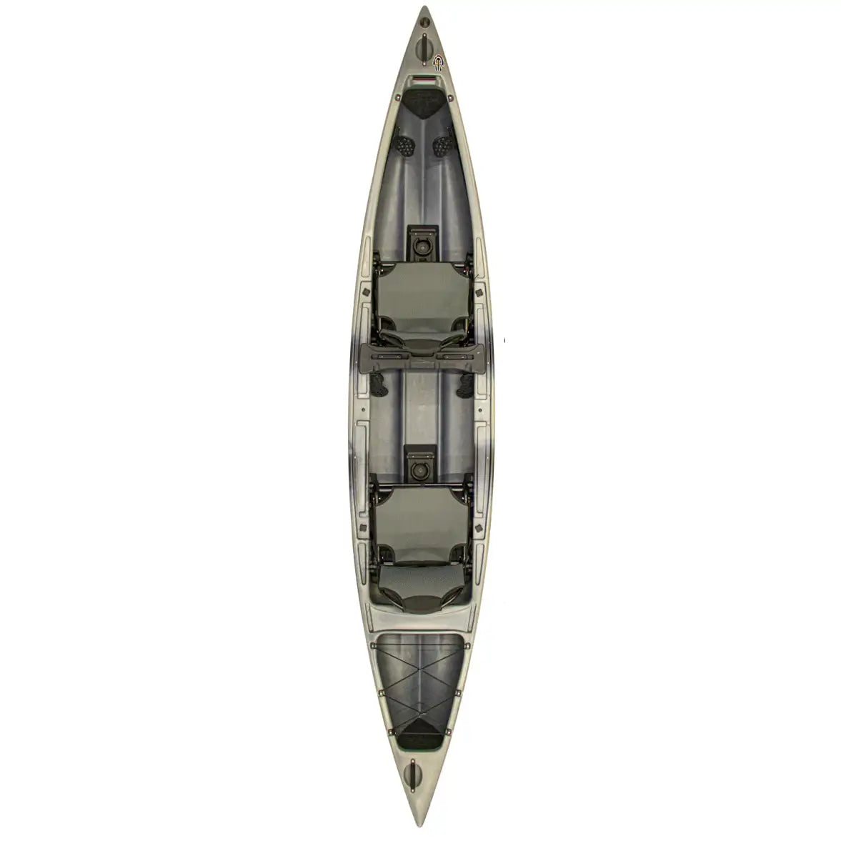 A top-down view of the Native Watercraft Ultimate FX 15 Tandem hybrid canoe kayak, featuring two seats, footrests, and storage areas—ideal for kayak fishing—displayed on a white background.