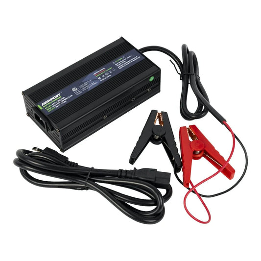 The Newport NK300 + 36V50 LoPRO Battery charger includes a black design with alligator clips, compatible power cable, and indicator lights. It's ideal for effortlessly powering your NK300 Electric Kayak Motor or supporting a 3HP power system.