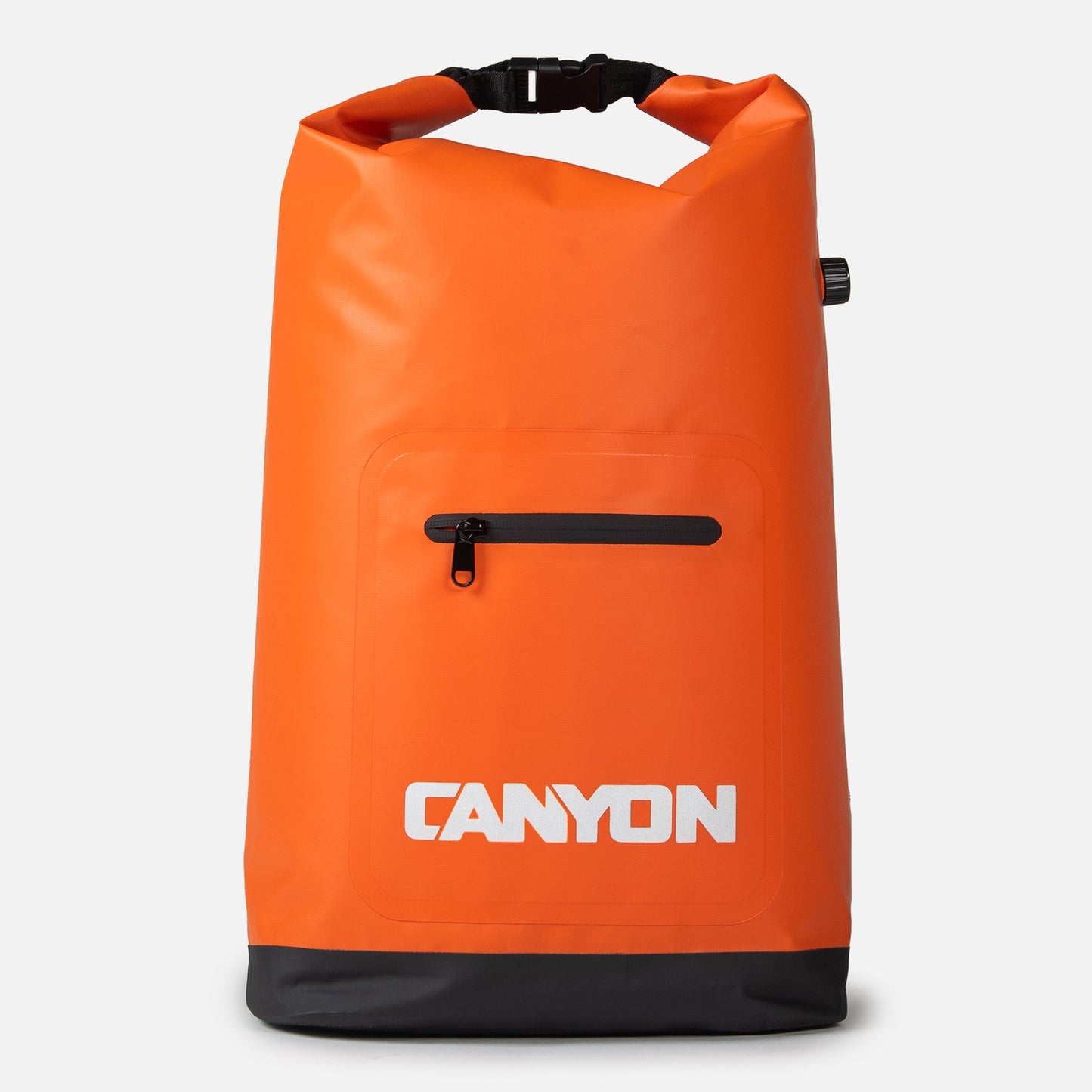 Introducing the vibrant orange Canyon Coolers waterproof dry bag, featuring a roll-top opening, sleek black bottom, zippered pocket, branded text, and a sturdy black buckle. It seamlessly complements your Coulee Backpack Cooler.