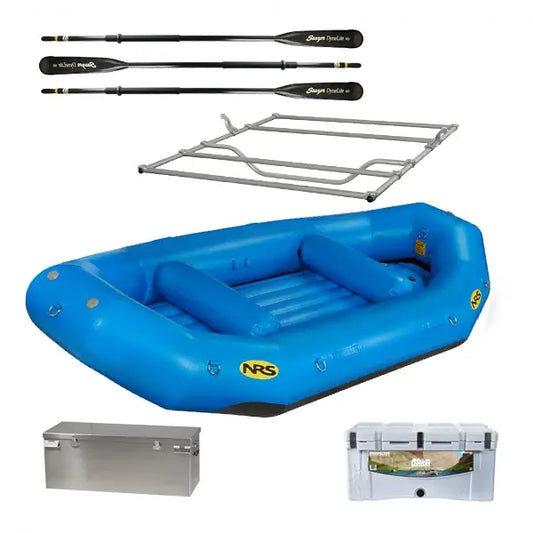 Image of a blue inflatable raft by NRS, the Otter 14 Expedition Package, equipped with Sawyer MX-S Oars, a frame, and two storage boxes. The package is displayed on a white background.