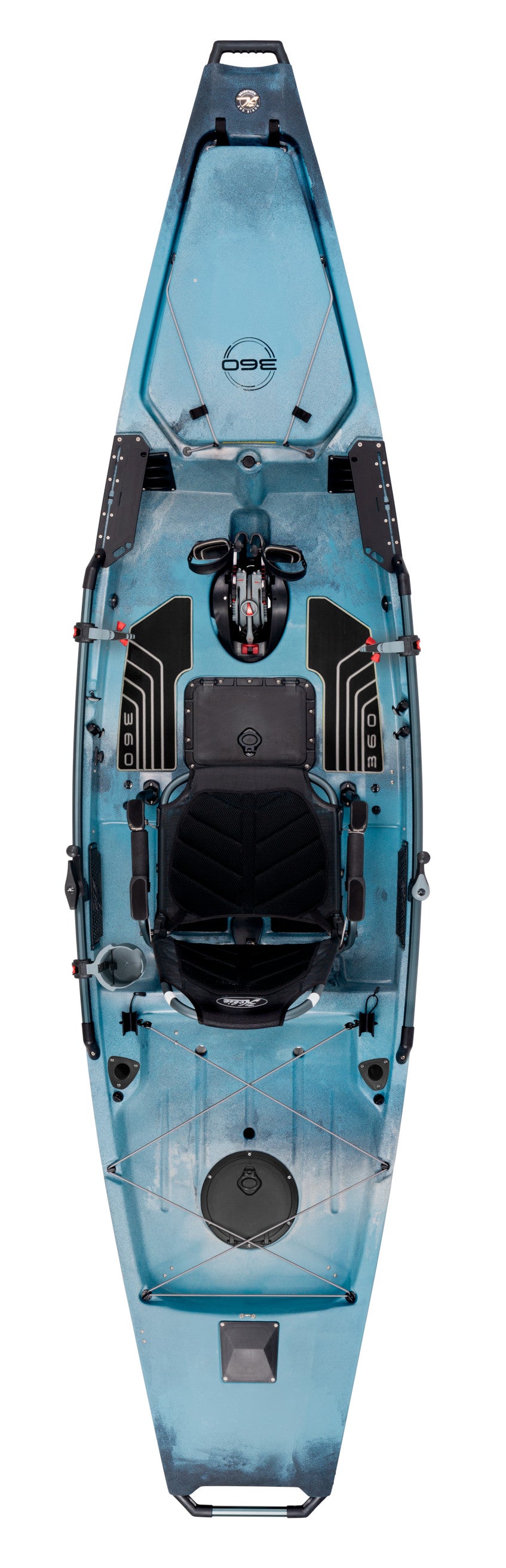 The top view of a blue fishing kayak with Hobie Pro Angler 360 XR - 14ft Drive Technology.