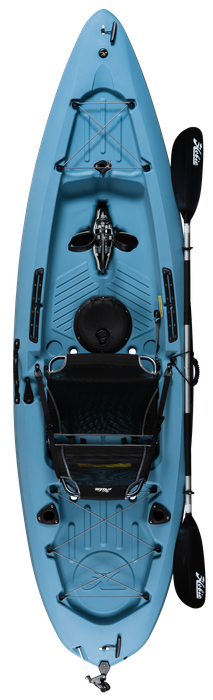 Experience pedal-powered fun with the Hobie Mirage Passport 10.5R & 12R, a blue kayak equipped with a paddle and oars.