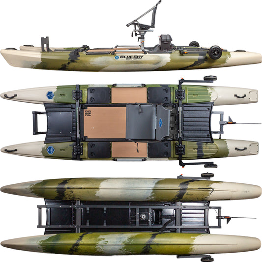 The Jackson Kayak 360 Pro is a motor-powered fishing kayak with dual pontoons, mounted seat, gear tracks, and pedal drive system—shown in side and top views with green camouflage.