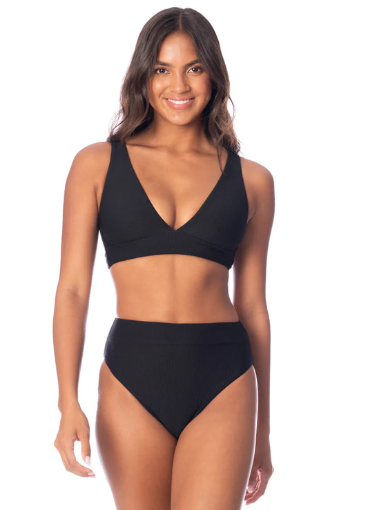 Confident women shine in Maaji's Allure Top, a black high-waisted bikini set with a V-neck—perfect active swimwear for those who love to stand out and smile.