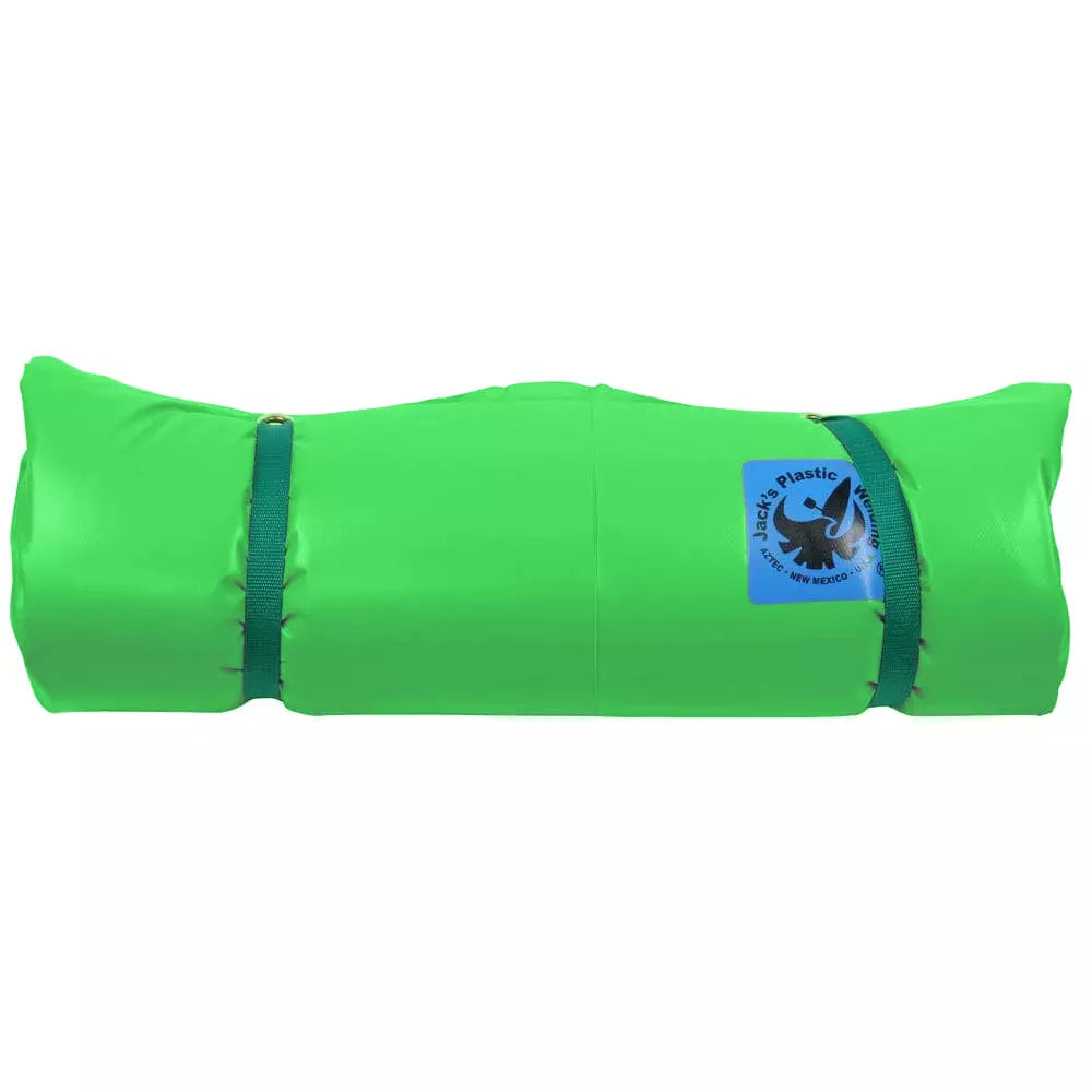 The Jacks Plastic Welding Silverback Paco Pad is a bright green inflatable camping mat with high-density foam for support, made of waterproof PVC. It includes two dark green straps and features a recycling symbol on the label for eco-conscious adventurers.