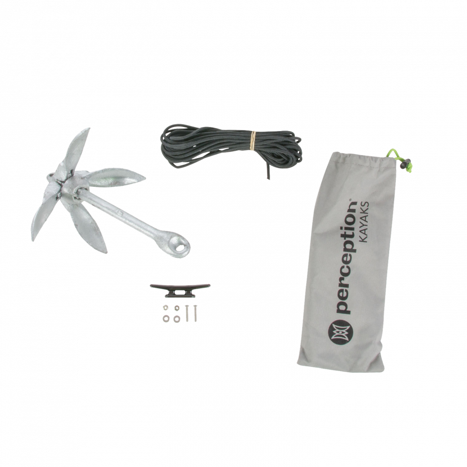 The Harmony Gear Kayak Anchor - 3lbs features a folding 4-fluke design, durable galvanized construction, and includes rope, hardware, and a gray storage bag.
