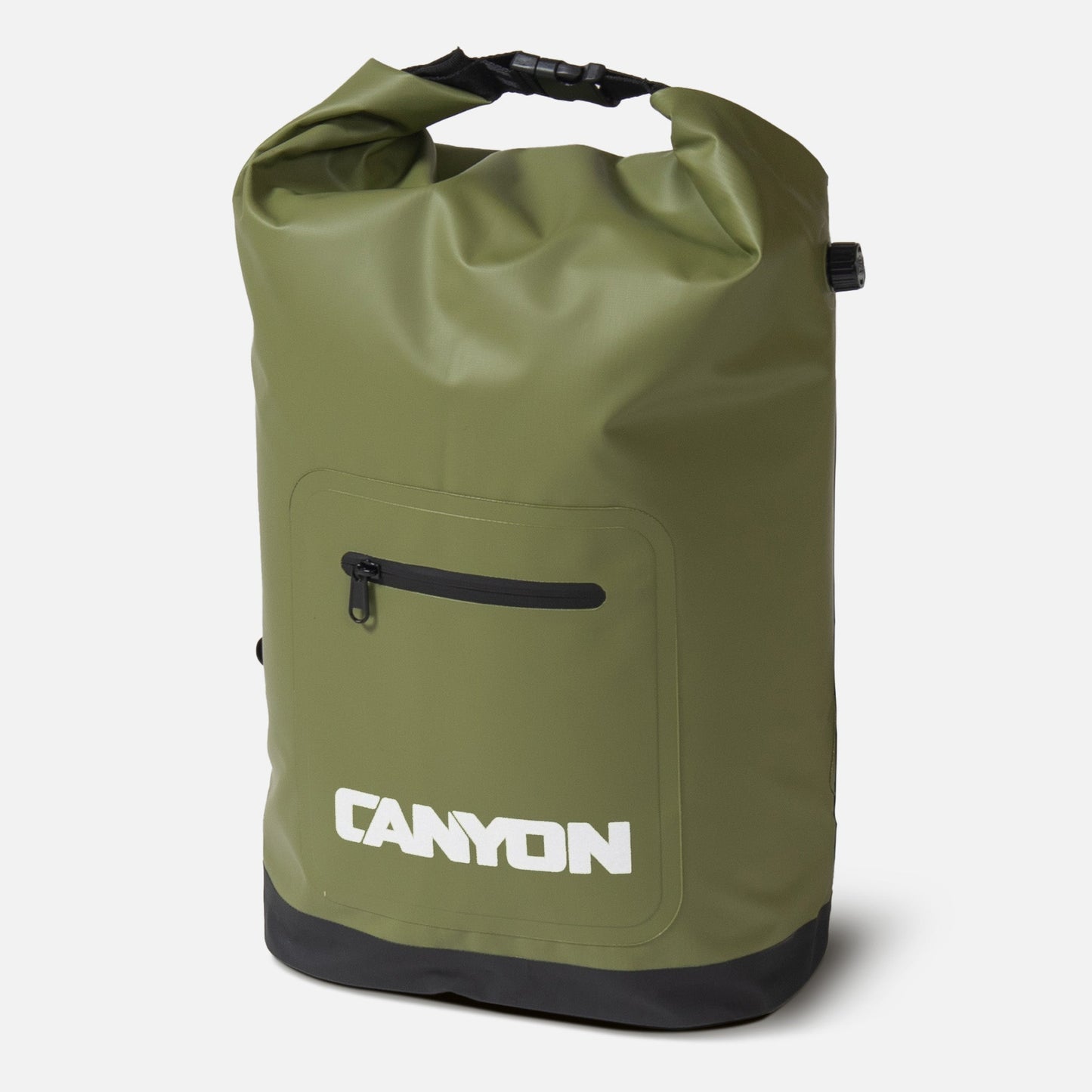 Green waterproof Coulee Backpack Cooler by Canyon Coolers, featuring a roll-top opening, cushioned comfort straps, front zippered pocket with "CANYON" printed in white, and black bottom.