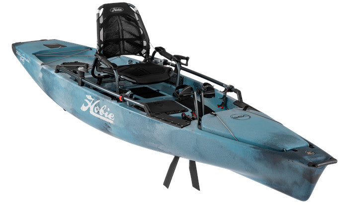 A blue Hobie Pro Angler 360 XR - 14ft kayak with a seat and Mirage 360 XR Drive Technology.