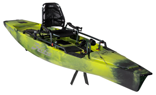 A yellow Hobie Pro Angler 360 XR - 14ft kayak on a white background.