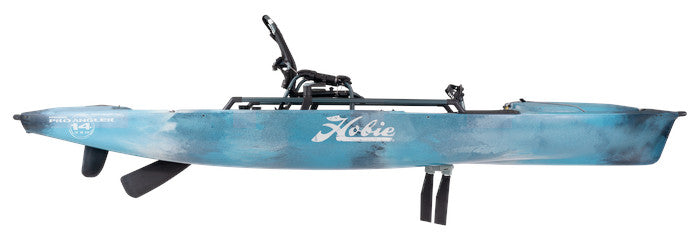 A blue Hobie Pro Angler 360 XR - 14ft kayak with Turbo Kick-Up Fins attached.