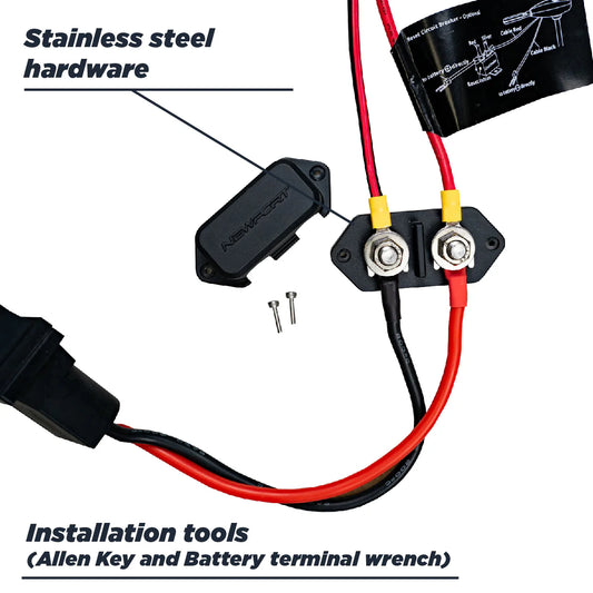 The Newport Battery Quick Disconnect kit includes a black connector with red and black cables for swift installation. It comes with two screws, stainless steel hardware, and a battery terminal wrench for efficient setup.
