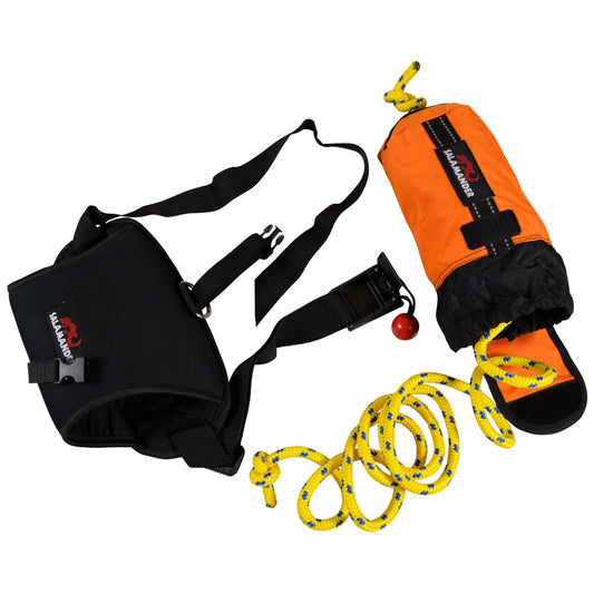 A black harness, an orange flotation device, and a yellow rope with blue accents from the Salamander Rapid Fire Throw Bag are displayed on a white background.