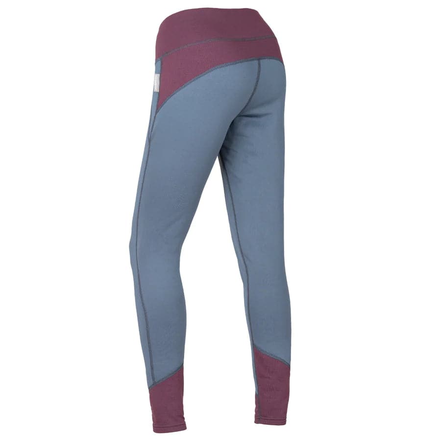 The back view of a woman's Immersion Research Susitna Pants yoga leggings in blue and maroon.