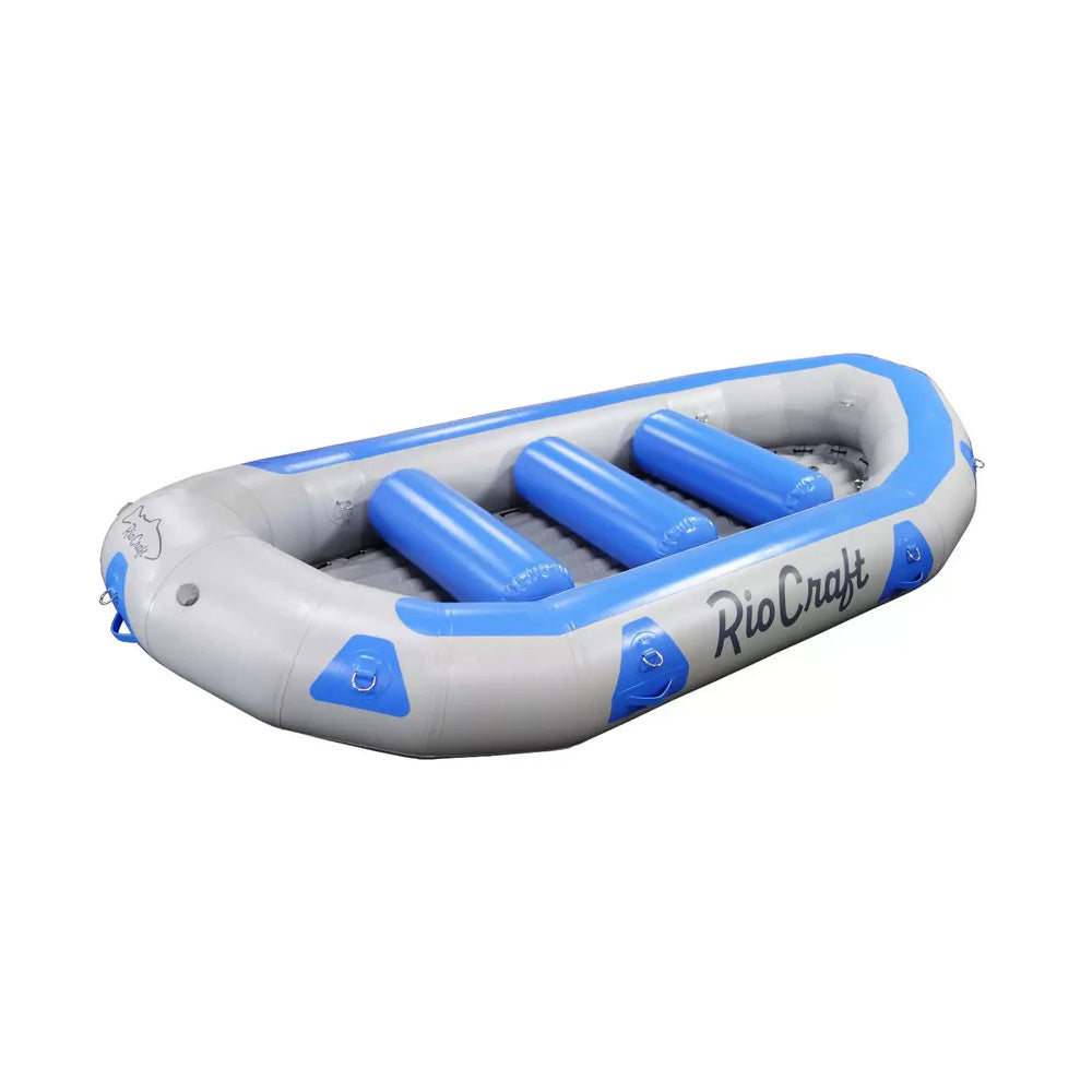 The 4CRS Rental Raft - Large Paddle Rig (13-14ft) features three cylindrical seats and a blue-gray inflatable design—ideal for Animas Town Run adventures or as a top pick for raft rentals.