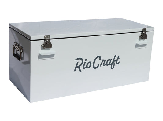 A white Powder-Coated Aluminum Drybox with the word Rio Craft on it, providing maximum security and protective buffer.