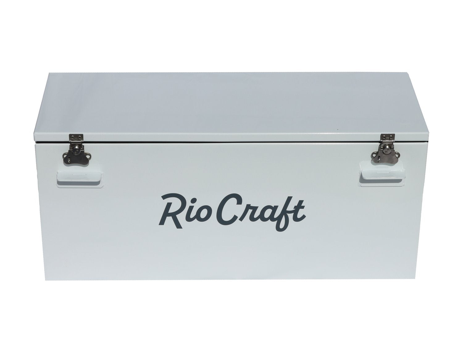 A white Rio Craft Powder-Coated Aluminum Drybox with the word Rio Craft on it, providing a protective buffer and maximum security.