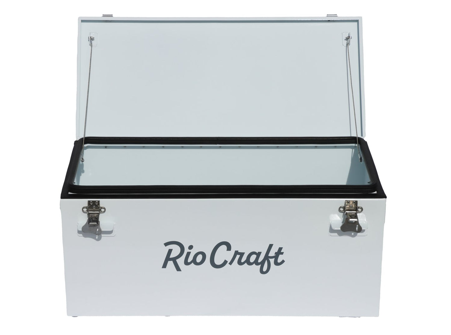 A white cooler with the brand name "Rio Craft" on it, providing maximum security and protection with its Powder-Coated Aluminum Drybox acting as a protective buffer.