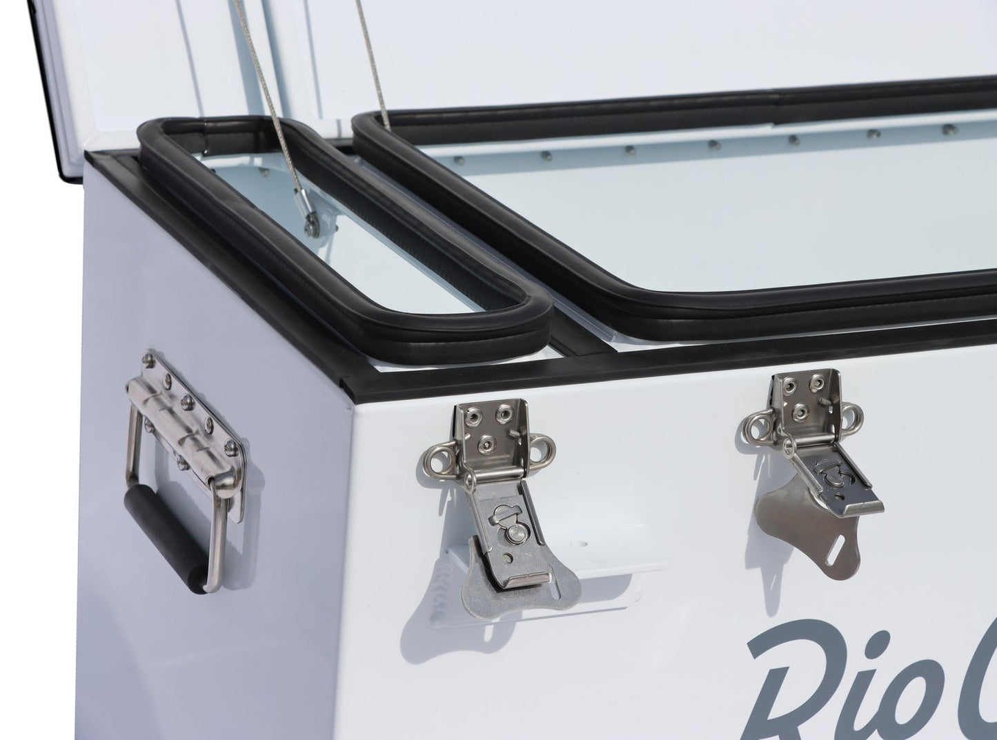 A maximum security Powder-Coated Aluminum Drybox cooler with the word Rio Craft on it, providing a protective buffer for perishable items.
