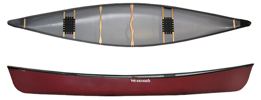 Top and side views of the Wenonah Rogue 16 T-Formex canoe, featuring a durable red design with black seats and wooden supports, showcasing both the interior and exterior.