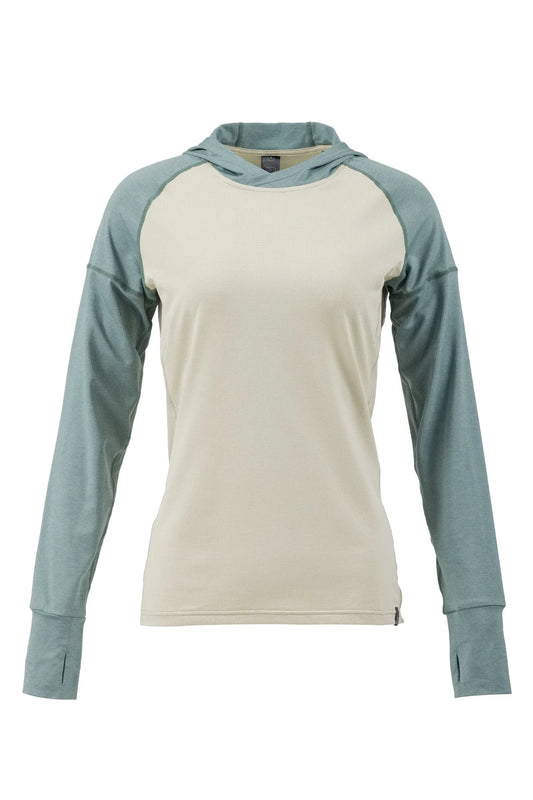 The Flylow Moonlight Shirt W's is a women's long-sleeve lightweight hoody with a light beige torso, light green raglan sleeves, thumb holes, UPF 30+ sun protection, and a fitted design.