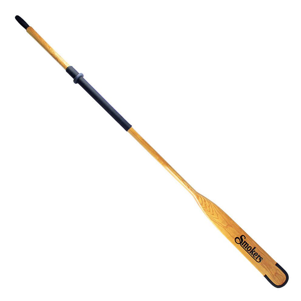 The Sawyer Smoker Whitewater Oar features a wooden blade, black rubber grip and tip, and the Smokers logo near the blade—crafted for classic whitewater performance.