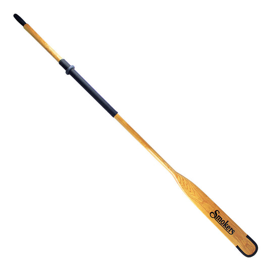 The Sawyer Smoker Whitewater Oar features a wooden blade, black rubber grip and tip, and the Smokers logo near the blade—crafted for classic whitewater performance.