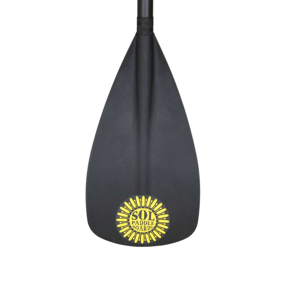 The Carbon Blaster 3-Piece Travel SUP Paddle from SOL Paddle Boards features a carbon shaft, adjustable design, and bears the brand's yellow logo at its base.
