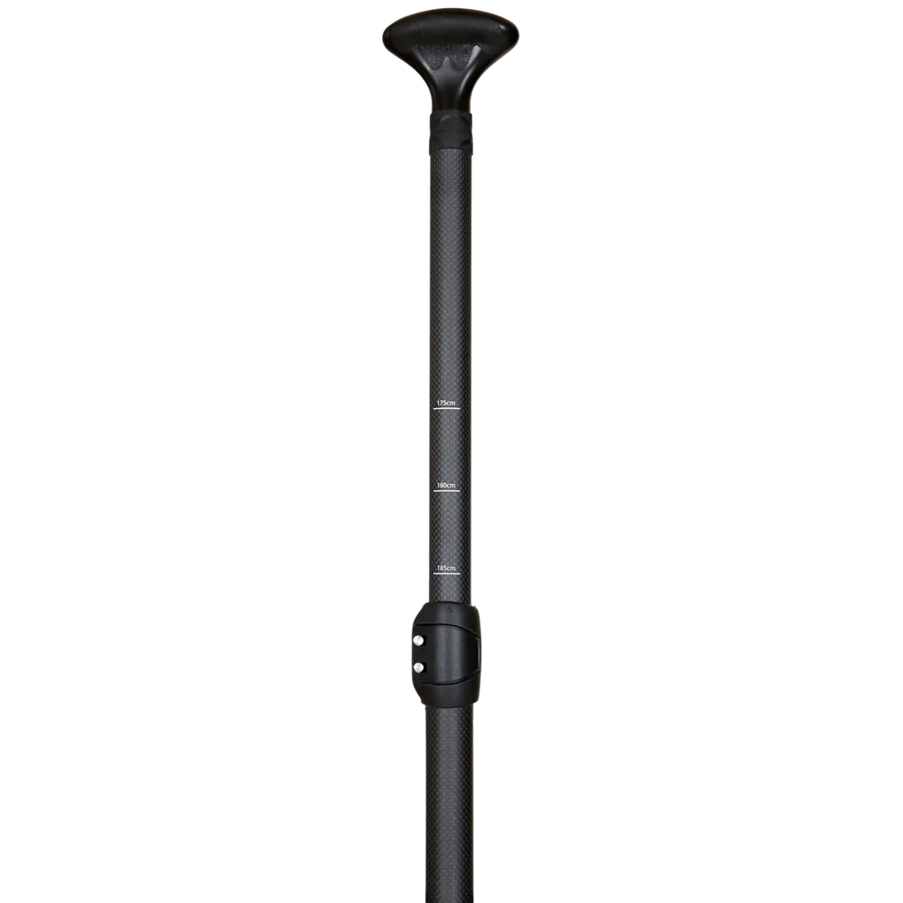 The SOL Paddle Boards Carbon Blaster 3-Piece Travel SUP Paddle features a sleek black design with a carbon shaft, adjustable length markings, and a comfortable grip handle for optimal water performance.